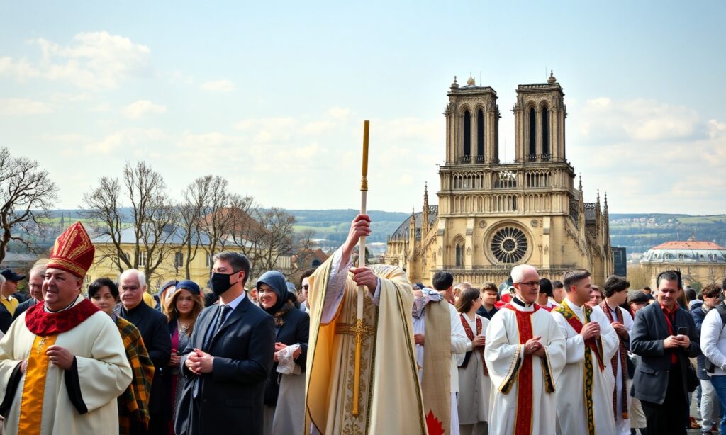 Procesja katolicka w tradycyjnych szatach liturgicznych przed katedrą Notre-Dame w Paryżu