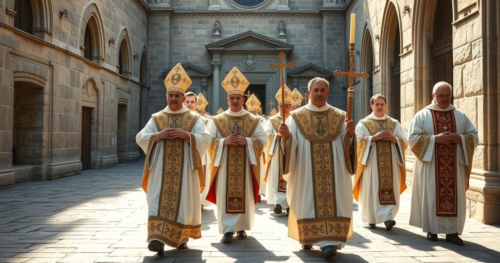 Religijna procesja katolicka z kapłanami w tradycyjnych szatach podczas uroczystości, wyraz głębokiej pobożności i autentycznej religijności, ukazująca szacunek dla sakramentu i liturgii Kościoła