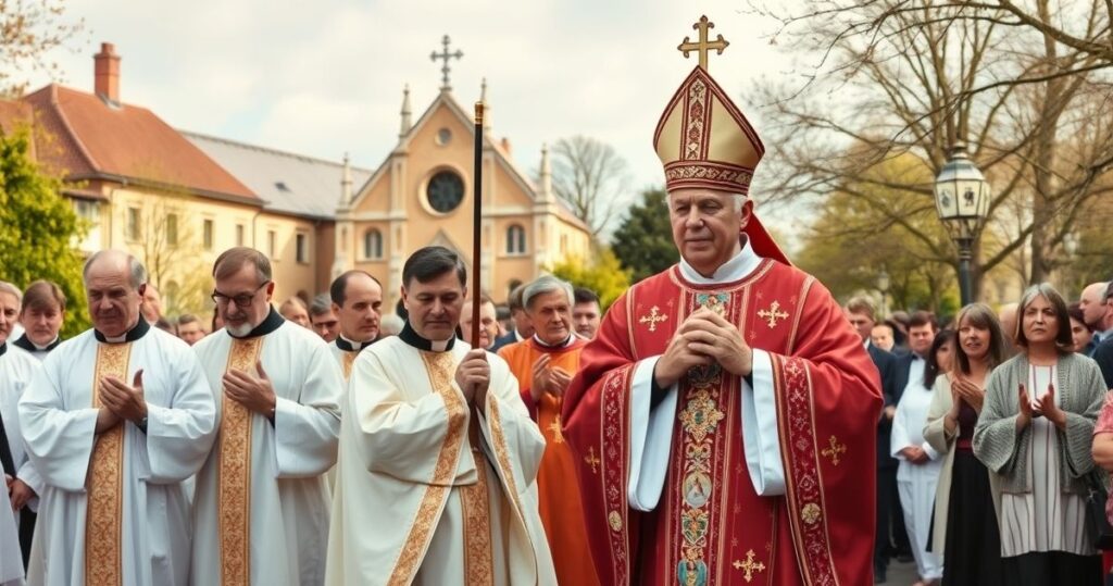 Procesja katolicka podczas uroczystości, kapłani w tradycyjnych szatach, wierni modlący się przed kościołem, obraz pełen szacunku i religijnej powagi