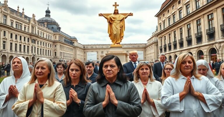 Procesja katolicka na tle historycznego europejskiego placu z rzeźbą Chrystusa Króla. W pierwszym planie grupa uwolnionych więźniów politycznych w modlitwie.