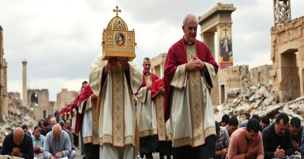 Procesja katolicka z monstrancją w zniszczonym mieście na Bliskim Wschodzie, symbolizująca modlitwę i nadzieję w czasie wojny.