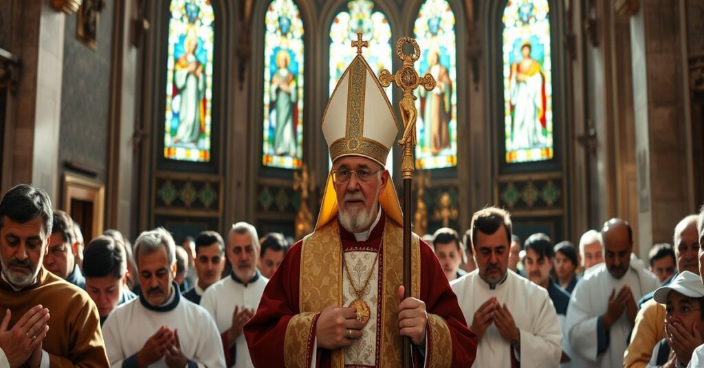 Procesja katolicka w Libanie z tradycyjnym duchowieństwem i wiernymi modlącymi się w historycznej świątyni