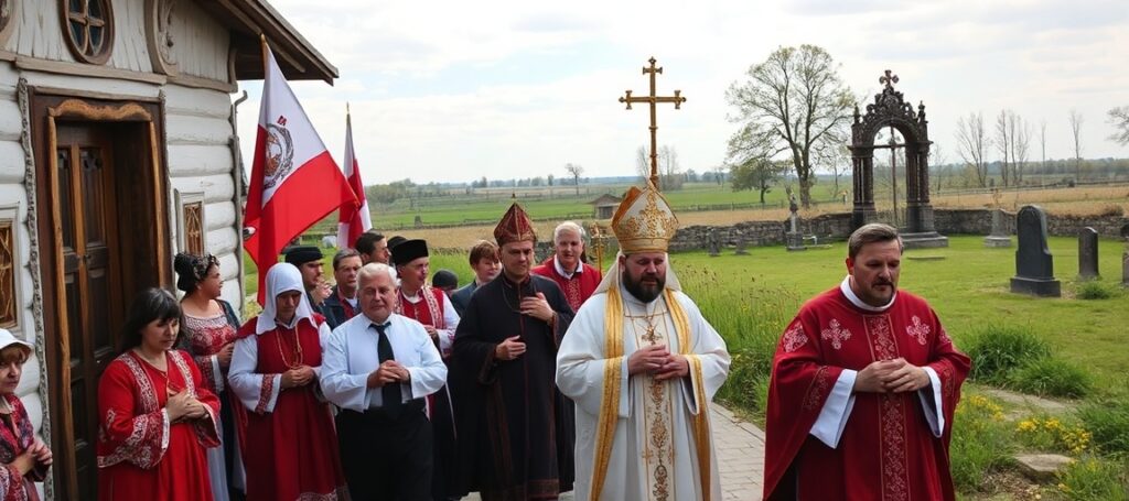 Procesja katolicka w małej, historycznej polskiej świątyni na Białorusi