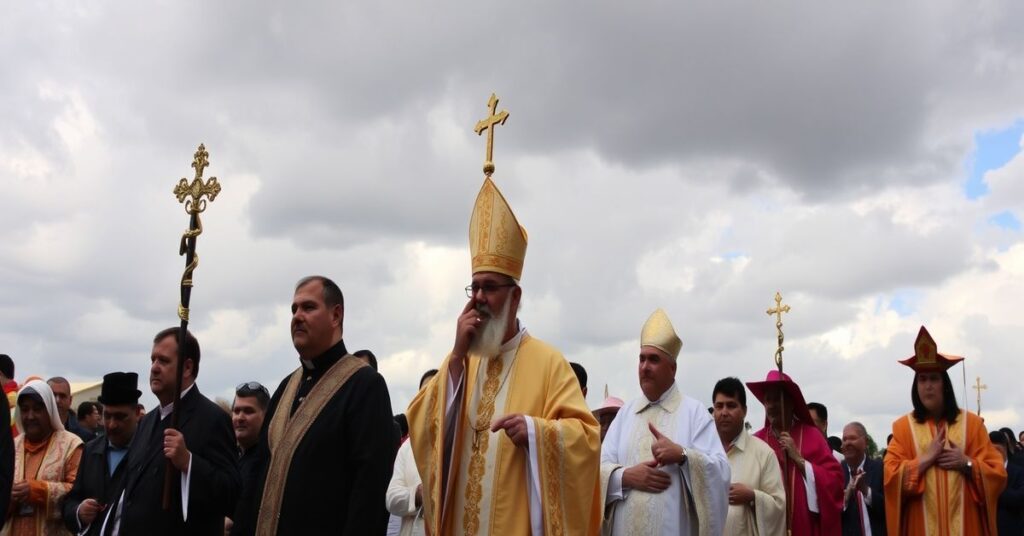 Pobożna procesja katolicka w Peru pod przewodnictwem biskupa w tradycyjnych szatach liturgicznych.