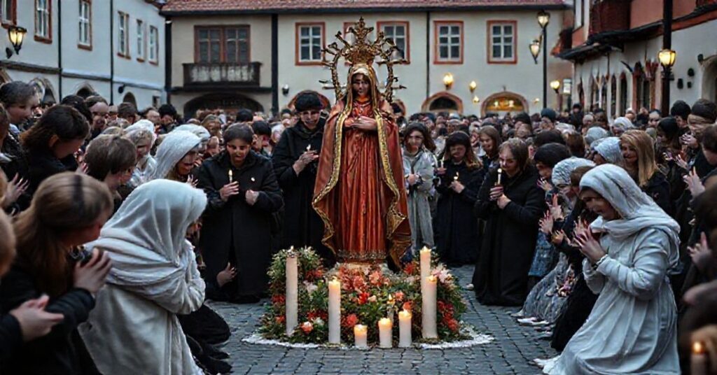 Sobieżna procesja katolicka z rzeźbą Matki Bożej Bolesnej, otoczona wiernymi modlącymi się na kolanach w tradycyjnym polskim rynku miejskim.