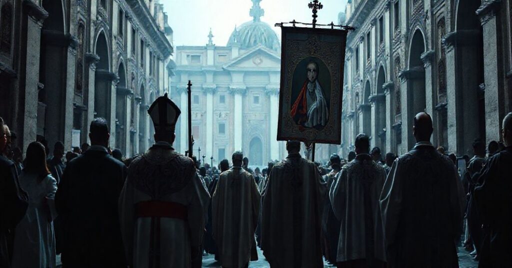 Procesja katolicka z biskupem w ornatach przed Bazyliką św. Piotra, symbolizująca herezję modernistyczną i fałszywe błogosławieństwo