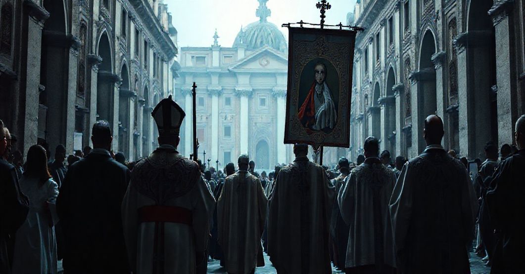 Procesja katolicka z biskupem w ornatach przed Bazyliką św. Piotra, symbolizująca herezję modernistyczną i fałszywe błogosławieństwo