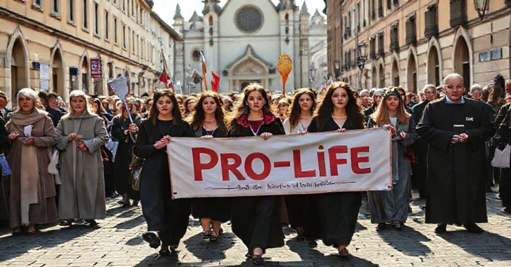 Procesja katolicka z udziałem młodych kobiet i starzejących się parafianów przed tłem kościoła, symbolizująca walkę z aborcją i socjalistycznymi ideologiami