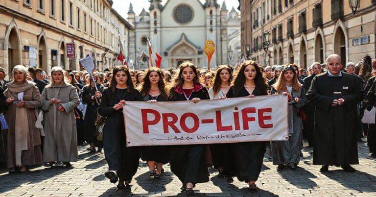 Procesja katolicka z udziałem młodych kobiet i starzejących się parafianów przed tłem kościoła, symbolizująca walkę z aborcją i socjalistycznymi ideologiami