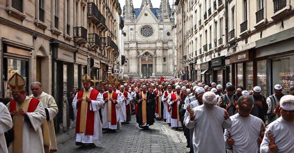 Procesja katolicka we Francji z duchownymi w tradycyjnych szatach odświętnie, na tle sklepów halal i meczetów, symbolizuje upadek chrześcijańskiego dziedzictwa
