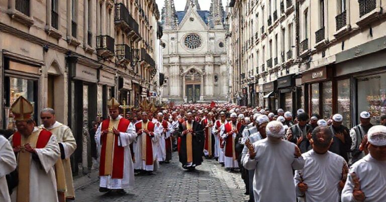 Procesja katolicka we Francji z duchownymi w tradycyjnych szatach odświętnie, na tle sklepów halal i meczetów, symbolizuje upadek chrześcijańskiego dziedzictwa