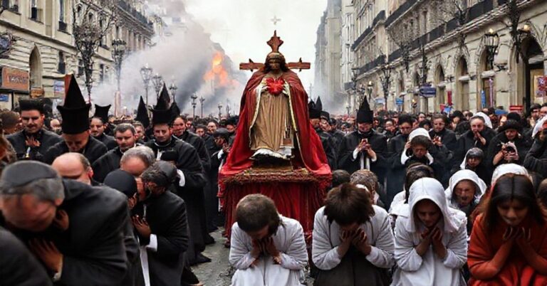 Procesja katolicka we Francji z figurą Najświętszego Serca Jezusa w tle spalonych kościołów.