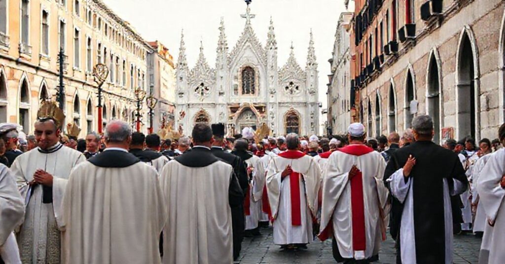 Uroczysty procesji katolickiej w Wenecji, z tradycyjnymi duchownymi i wiernymi w modlitwie, idących w kierunku cmentarza San Michele.