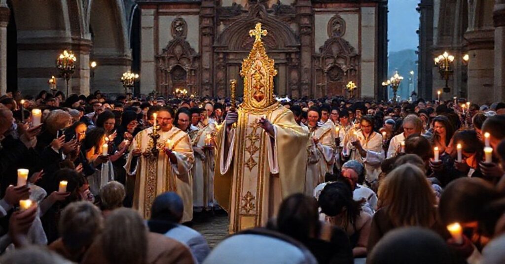 Procesja katolicka z Najświątym Sakramentem w koście polskiej tradycji