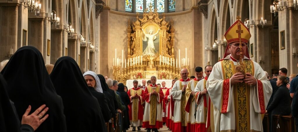 Procesja katolicka w Archikatedrze we Wrocławiu z relikwiami św. Maurycego i bł. Czesława Odrowąża.