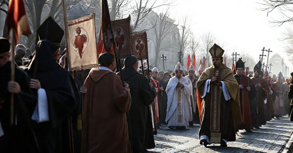 Procesja katolicka w Polsce z wiernymi niosącymi symbole wiary i fałszywym papieżem "Leona XIV" w tle