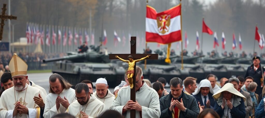 Procesja katolicka z krzyżem i chorągiewką Chrystusa Króla na tle parady wojskowej