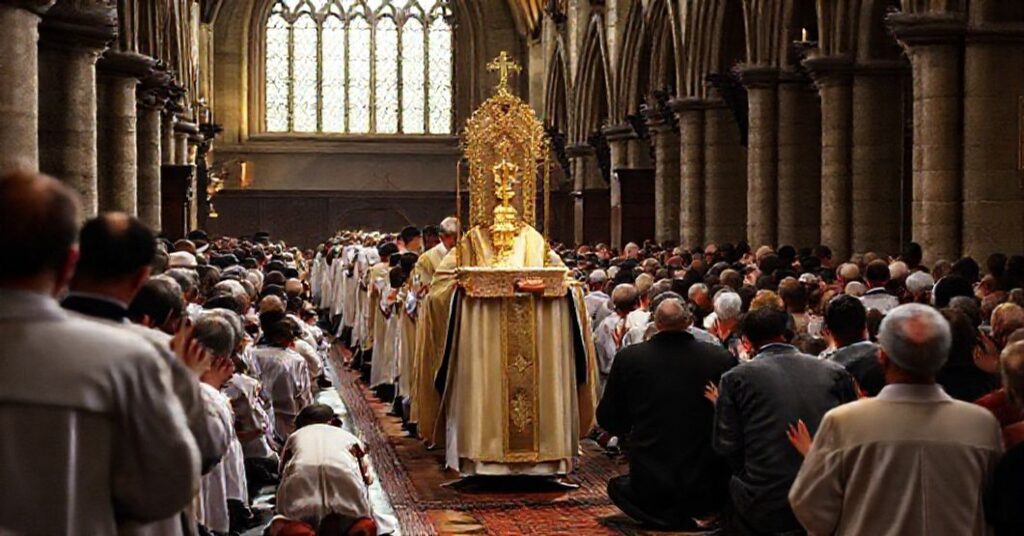 Procesja katolicka z Najświętszym Sakramentem, prowadzona przez tradycyjnego księdza w sutannie i pelerynie, otoczona pobożnymi wiernymi klęczącymi w radości. Scena rozgrywa się w historycznym kościele o gotyckiej architekturze, podkreślająca świętość Eucharystii. Atmosfera jest pełna głębokiego zachwytu i nabożeństwa.