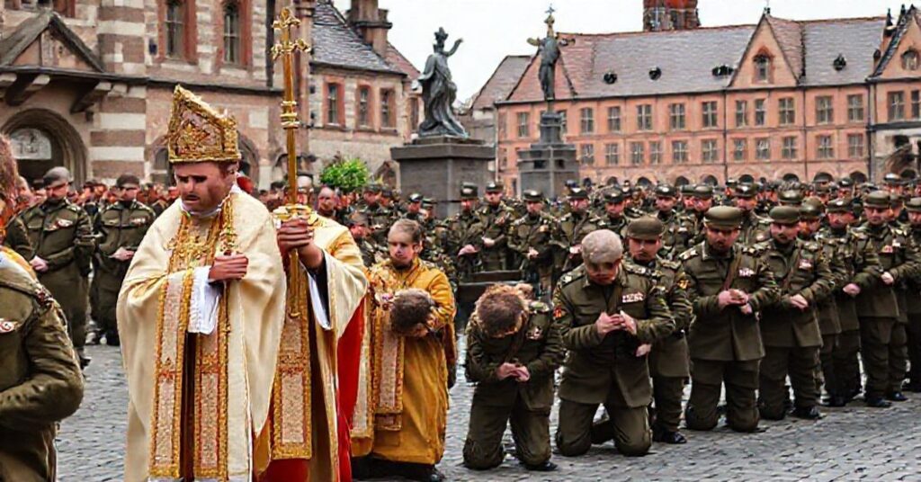 Procesja katolicka z Najświętszym Sakramentem na tle żołnierzy modlących się w polskim mieście