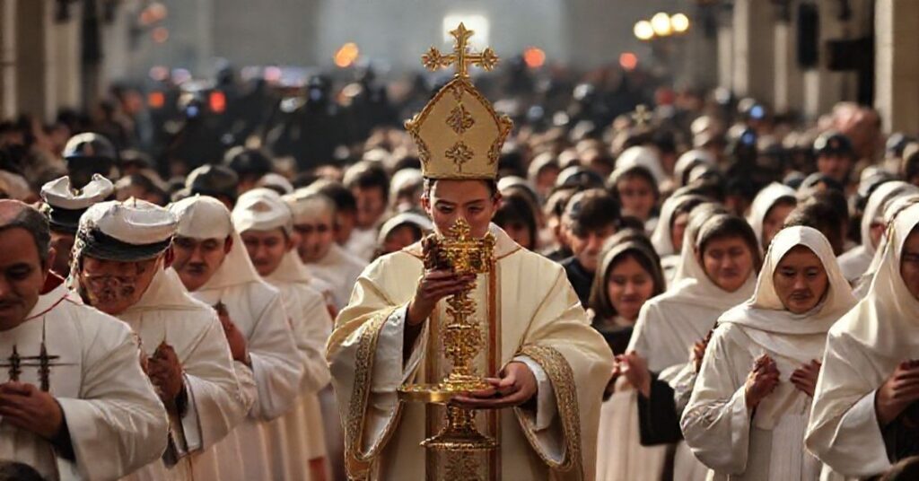 Tradycyjna procesja katolicka z hostią Najświętszego Sakramentu na tle sztucznych cieni operacji policyjnych, symbolizujących bezsilność światowych rozwiązań wobec upadku moralnego
