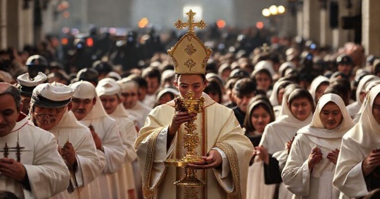 Tradycyjna procesja katolicka z hostią Najświętszego Sakramentu na tle sztucznych cieni operacji policyjnych, symbolizujących bezsilność światowych rozwiązań wobec upadku moralnego