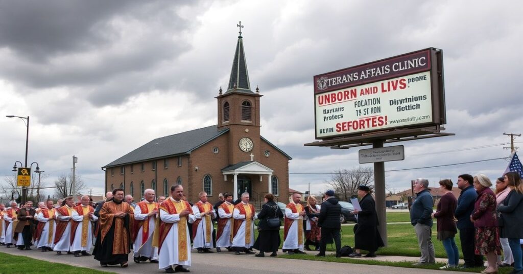 Procesja katolicka modląca się za nienarodzone dzieci przed kontrowersyjnym plakatem aborcji.