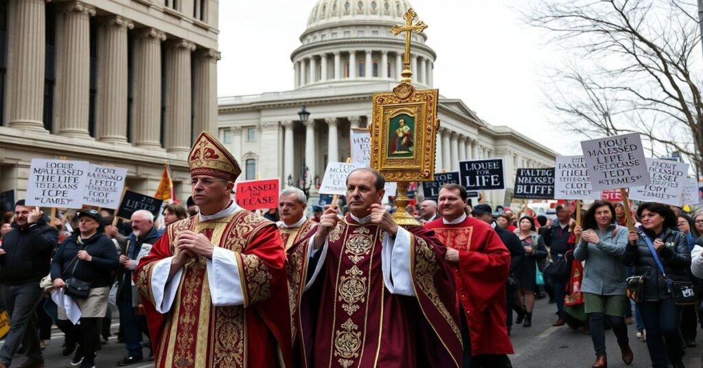 Procesja katolicka z Najświętszym Sakramentem podczas marszu na rzecz życia przed budynkiem rządowym