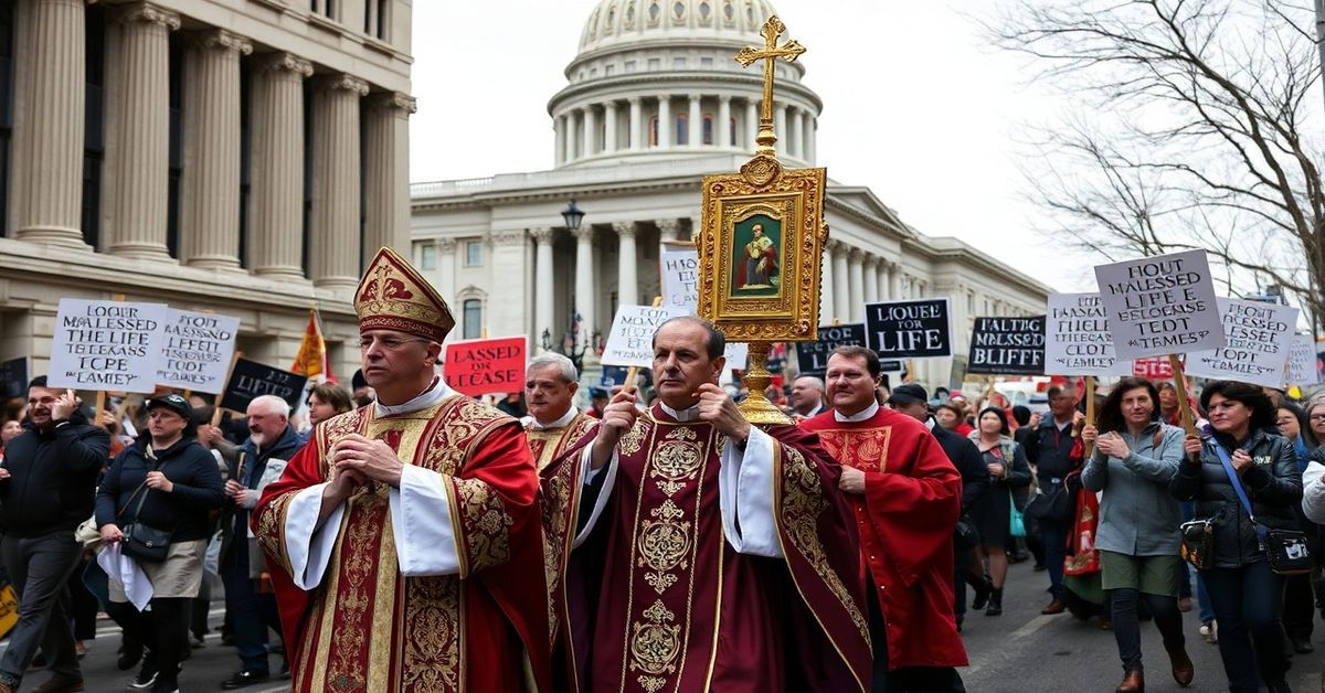 Procesja katolicka z Najświętszym Sakramentem podczas marszu na rzecz życia przed budynkiem rządowym