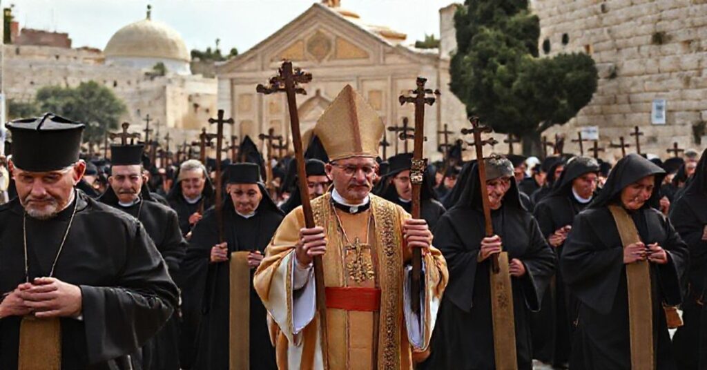 Procesja katolicka w Ziemi Świętej prowadzona przez Georga Bätzinga, ukazująca kontrast między autentycznym nabożeństwem a współczesną narracją ekumeniczną.