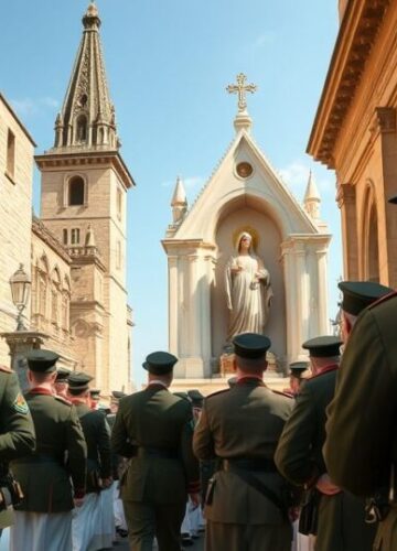 Procesja katolicka żołnierzy przed obrazem Matki Bożej Realistyczny obraz katolickich żołnierzy i duchownych w procesji przed obrazem Matki Bożej w sanktuarium, oddających cześć w tradycyjny sposób.