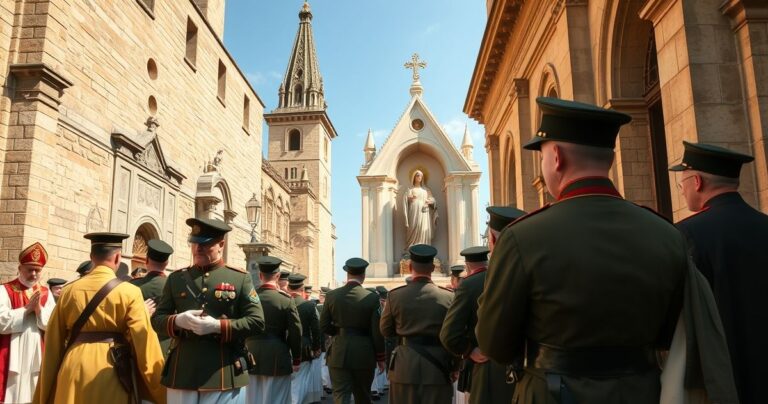 Realistyczny obraz katolickich żołnierzy i duchownych w procesji przed obrazem Matki Bożej w sanktuarium, oddających cześć w tradycyjny sposób.