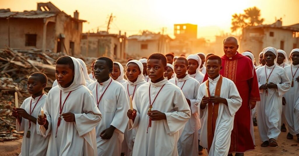 Procesja katolickich uczniów w Nigerii, z niszczonymi budynkami w tle, symbolizująca odporność duchową wobec prześladowań.