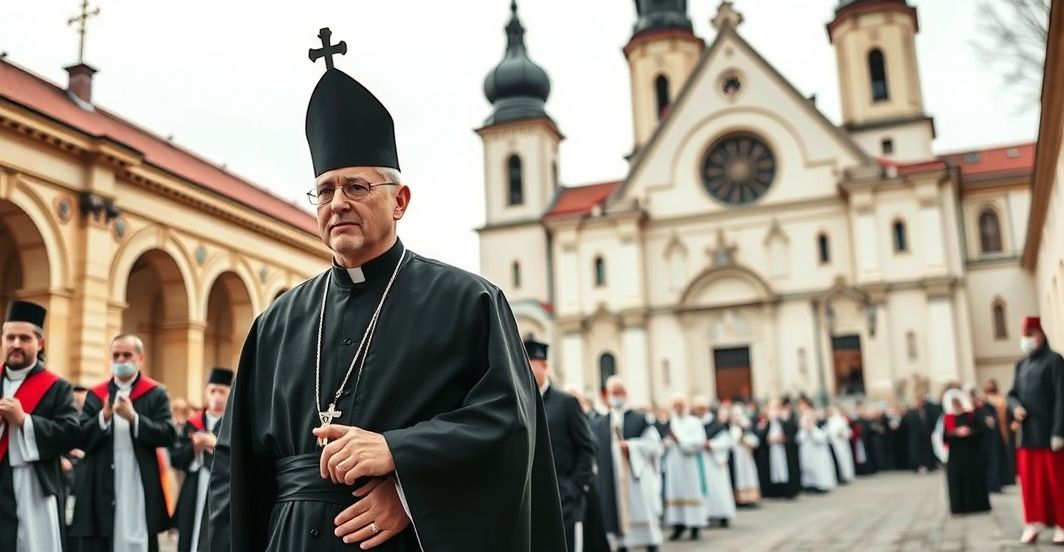 Rewersyjne zdjęcie tradycyjnego kapłana prowadzącego procesję w Krakowie-Łagiewnikach, ukazujące autentyczną katolicką pobożność i krytykę modernistycznych wpływów.