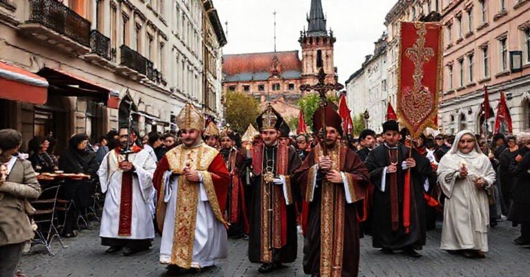 Procesja katolicka w Krakowie z biskupem sedewakantystą na czele, kontrastująca z współczesnym społeczeństwem.