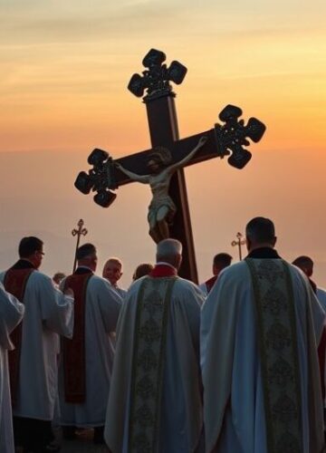Procesja krzyża na wzgórzu w tradycyjnym katolickim stylu Sanktuarium katolickie z procesją krzyża na wzgórzu, głęboko religijne, tradycyjne, poważne, z duchowym naciskiem