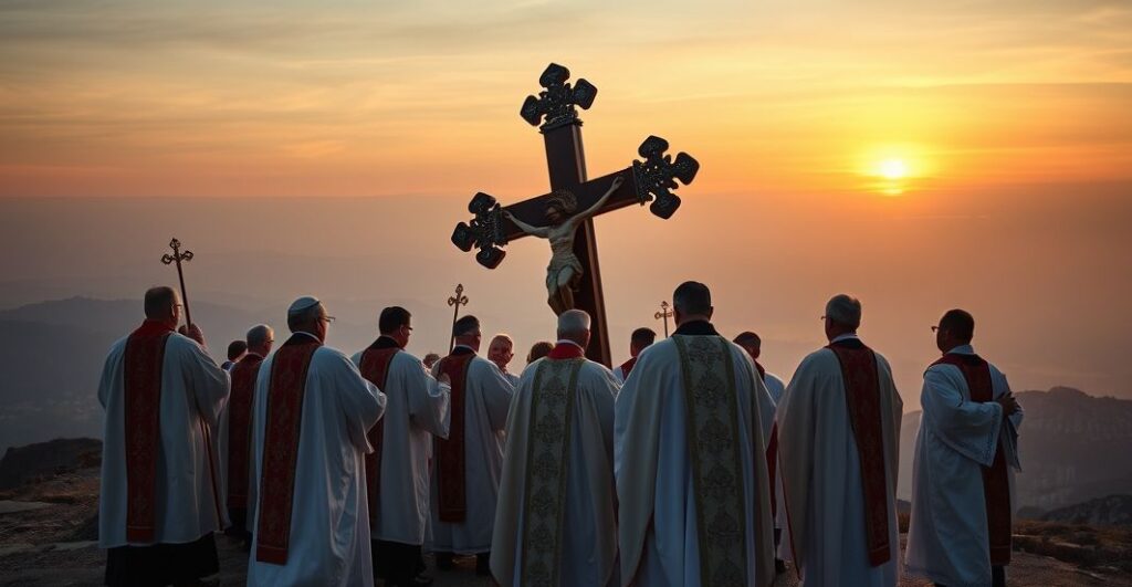 Sanktuarium katolickie z procesją krzyża na wzgórzu, głęboko religijne, tradycyjne, poważne, z duchowym naciskiem