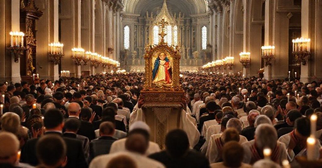 Procesja katolicka w Łowiczu z relikwiami św. Wiktorii w tradycyjnym sanktuarium