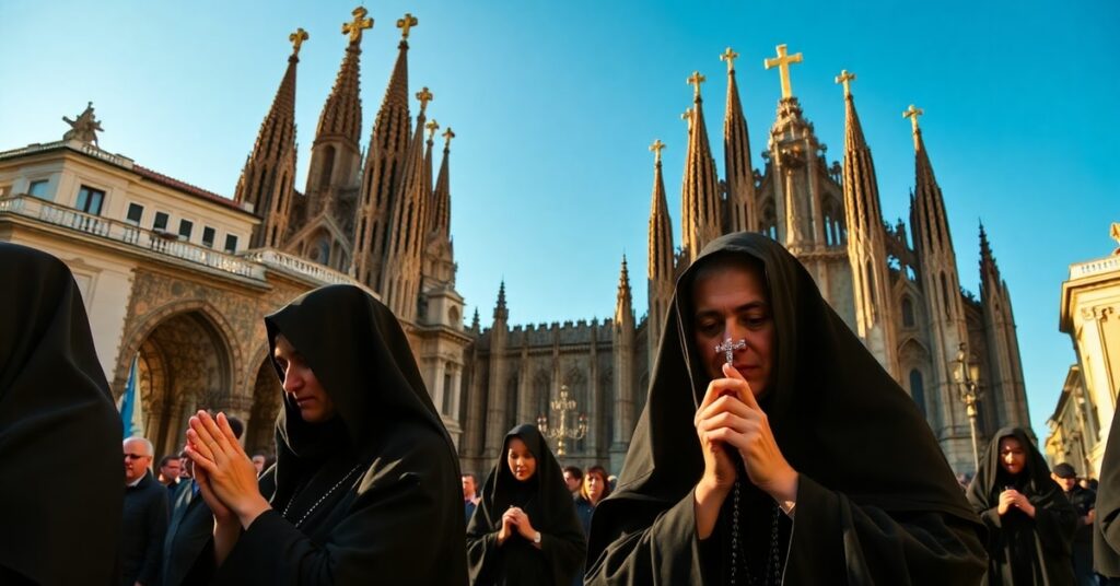 Procesja katolicka w Madrycie podczas wizyty antypapieża Leona XIV, wierni modlący się różańcem przed Sagrada Família