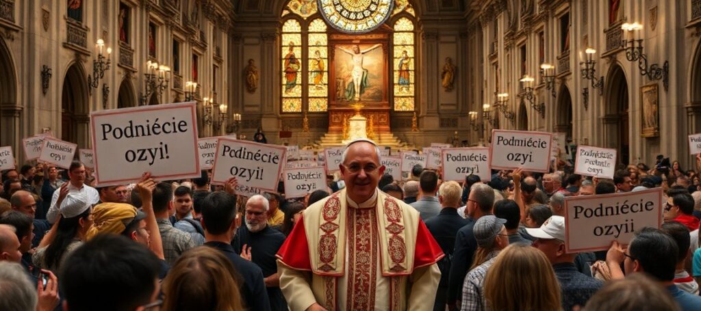 Procesja w Madrycie z hasłem 'Podnieście oczy', symbolizująca Spiritualny głód Hiszpanii w okresie apostazji. Widok na tradycyjny kościół katolicki z pustymi ławkami.