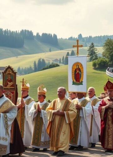 Tradycyjny katolicki obraz procesji maryjnej w Kalwarii Zebrzydowskiej Tradycyjny katolicki obraz procesji maryjnej na Kalwarii Zebrzydowskiej, ukazujący duchową powagę i odwołanie do nauki Kościoła, z duchownymi w liturgicznym geście modlitwy.