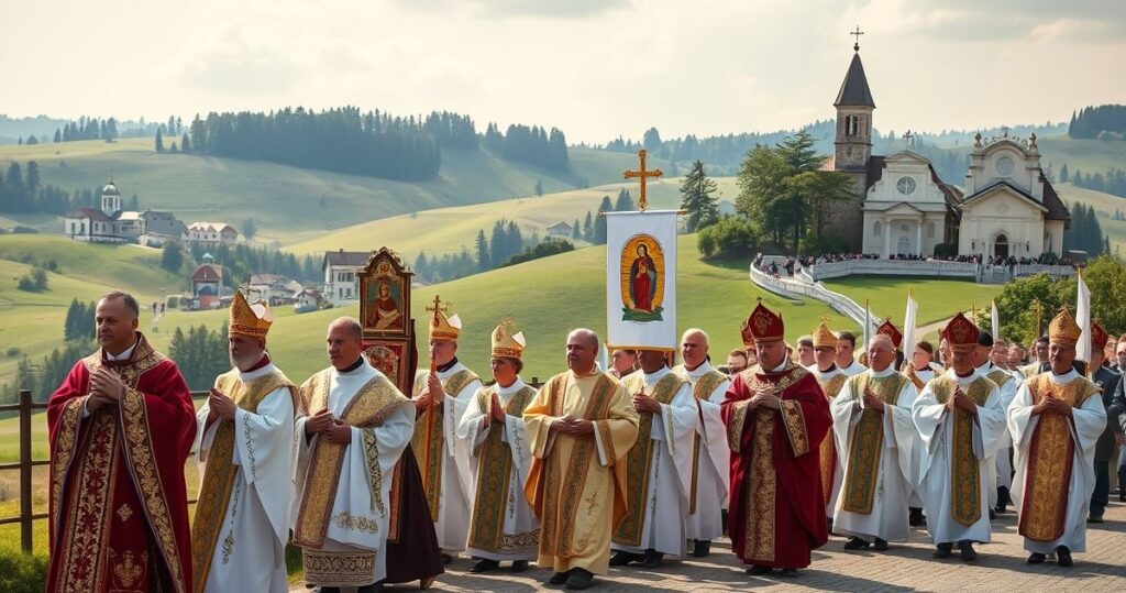 Tradycyjny katolicki obraz procesji maryjnej na Kalwarii Zebrzydowskiej, ukazujący duchową powagę i odwołanie do nauki Kościoła, z duchownymi w liturgicznym geście modlitwy.