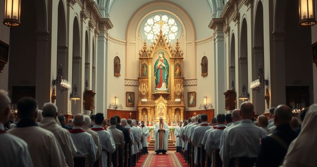Fotografia realistyczna ukazująca tradycyjną katolicką procesję ku czci Matki Bożej Częstochowskiej, podkreślająca powagę i wierność wierze, bez symbolicznych czy surrealistycznych elementów