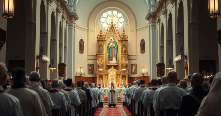 Fotografia realistyczna ukazująca tradycyjną katolicką procesję ku czci Matki Bożej Częstochowskiej, podkreślająca powagę i wierność wierze, bez symbolicznych czy surrealistycznych elementów