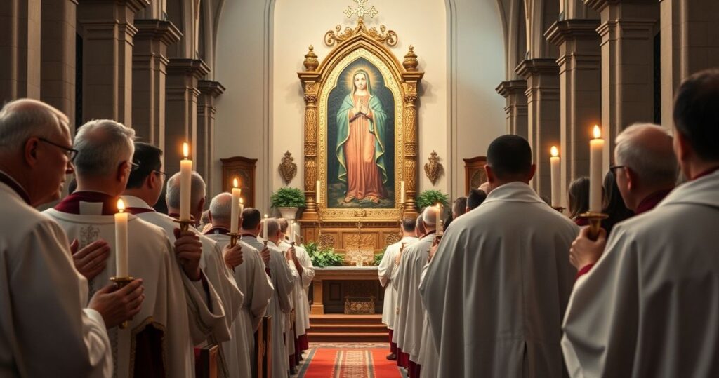 Wnętrze kościoła podczas procesji maryjnej z kapłanami i wiernymi oddającymi cześć Matce Bożej Częstochowskiej, scena pełna powagi i tradycyjnej pobożności