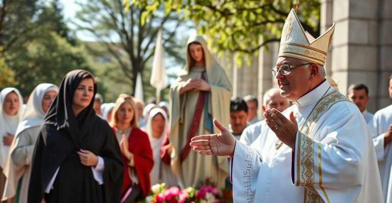 Reverent Catholic Marian procession with faithful and bishop, emphasizing orthodox devotion and solemnity