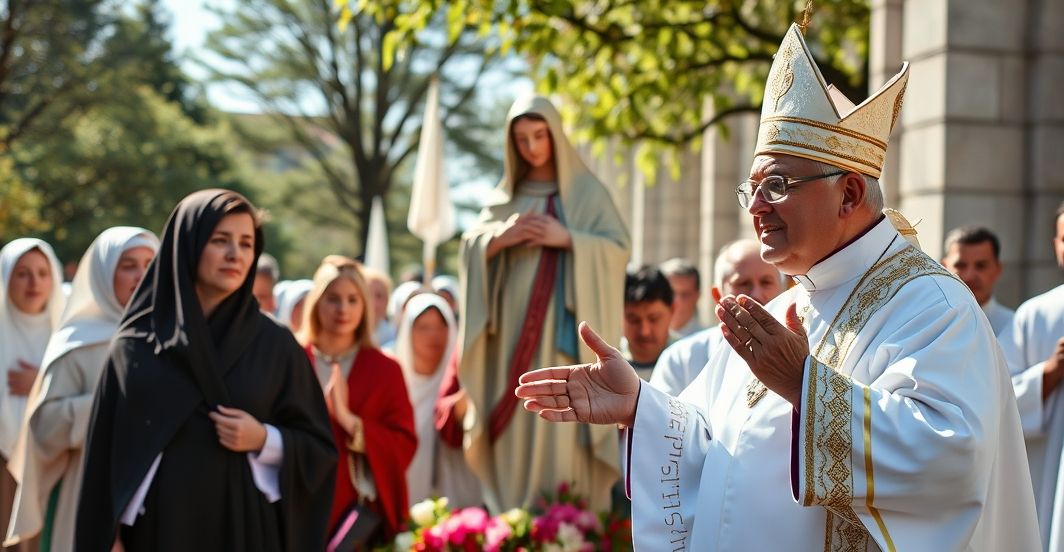 Reverent Catholic Marian procession with faithful and bishop, emphasizing orthodox devotion and solemnity