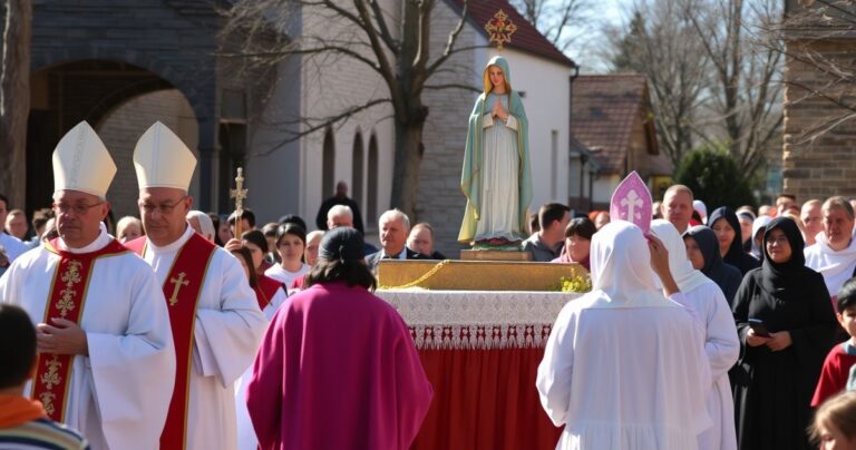 Realistyczne zdjęcie katolickiej procesji maryjnej z kapłanami i wiernymi, z figurą Matki Bożej, w tradycyjnych strojach, oddające pobożność i szacunek, bez surrealizmu i niepożądanych efektów