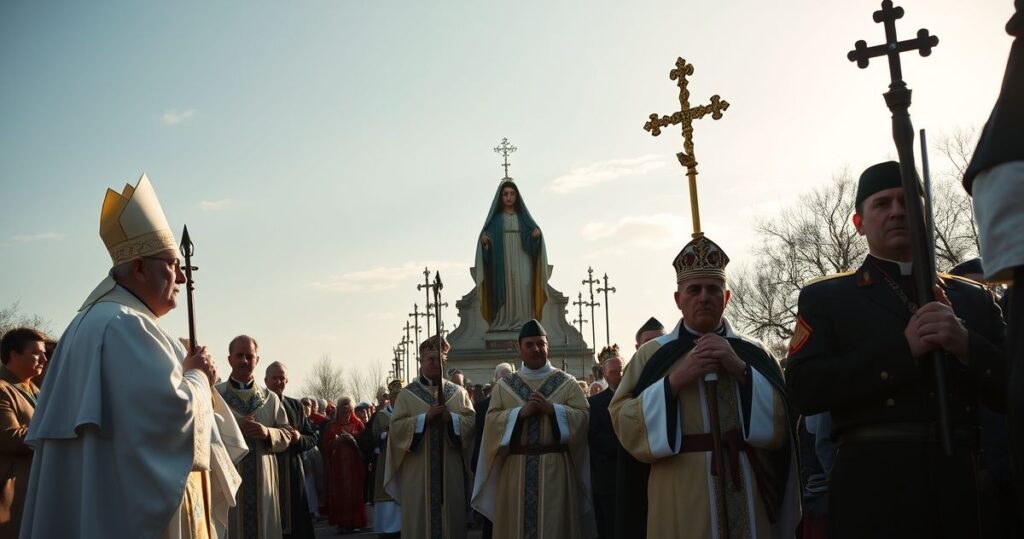 Rewersyjna katolicka procesja maryjna z kapłanami i wiernymi, ukazująca tradycyjne nabożeństwo w Polsce, z krytycznym akcentem na militarne elementy i odwracanie hierarchii wiary.