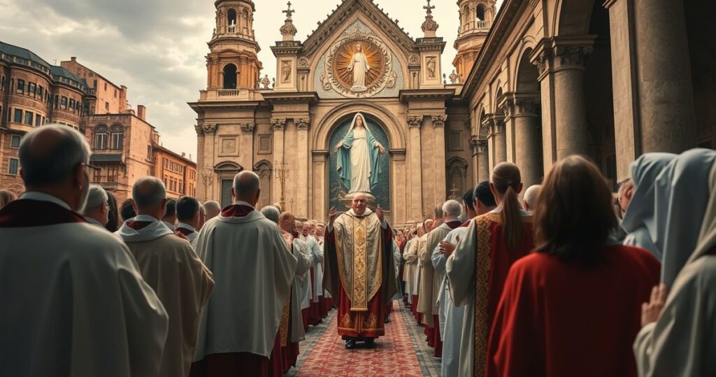 Sanktuarium katolickie z procesją maryjną, tradycyjne vestmenty, wierni modlący się w głębokim skupieniu przy zabytkowym kościele, pełne szacunku i duchowej powagi zdjęcie wysokiej jakości.
