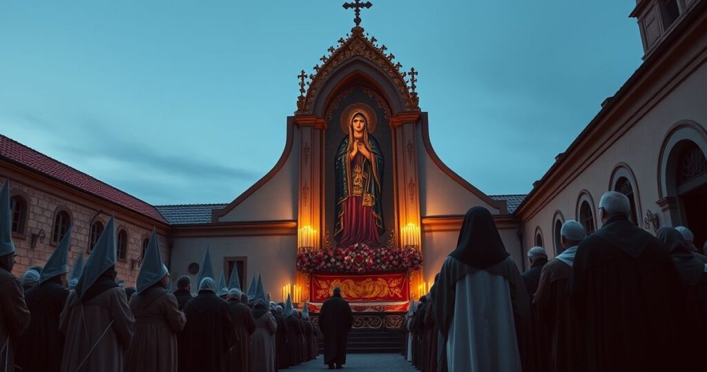 Szlachetny, realistyczny obraz katolickiej procesji z obrazem Matki Bożej Częstochowskiej, wierni modlący się w głębokim skupieniu, podkreślający tradycyjne nabożeństwo i wierność naukom Kościoła